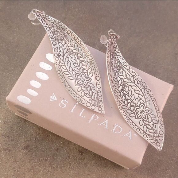 Silpada Sterling Stamped Etched Floral Freestyle Long Drop Earrings - Picture 4 of 8